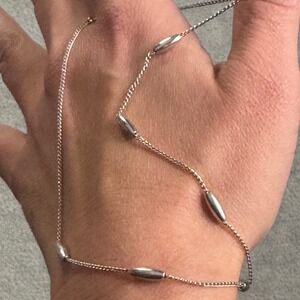 Vintage Silver Tone Station Necklace Rice Bead Curb Chain 17 Inch Minimalist